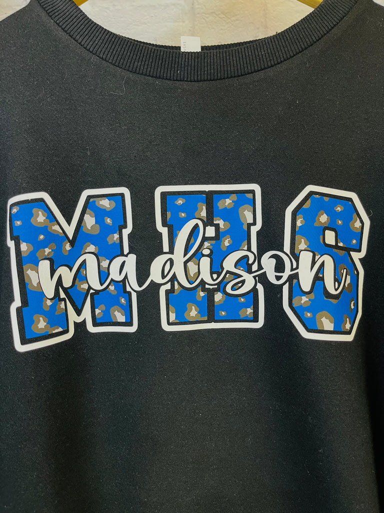 Leopard school print with mascot name on sleeve – Hudson Family Signs